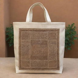 Design a tote bag showcasing traditional Yemeni motifs, patterns, and colors. Incorporate elements like the ancient high-rise buildings of Shibam, beautiful intricate carvings, and traditional Yemeni clothes, all in a tasteful and visually appealing way.