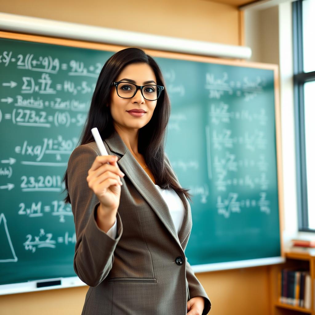 A confident and professional Latina female professor standing in front of a chalkboard with complex mathematical equations