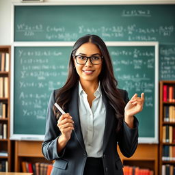 A confident and professional Latina female professor standing in front of a chalkboard with complex mathematical equations