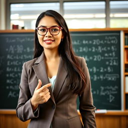 A confident and professional Latina female professor standing in front of a chalkboard with complex mathematical equations