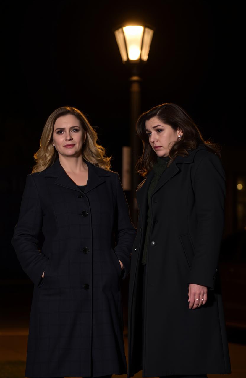 A nighttime scene with two women dressed in formal coats, set against a dark, atmospheric backdrop