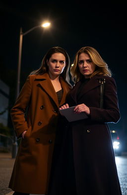 A nighttime scene with two women dressed in formal coats, set against a dark, atmospheric backdrop