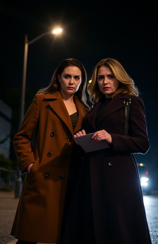 A nighttime scene with two women dressed in formal coats, set against a dark, atmospheric backdrop