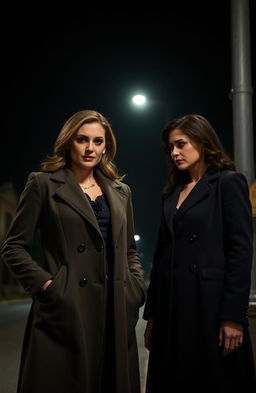 A nighttime scene with two women dressed in formal coats, set against a dark, atmospheric backdrop