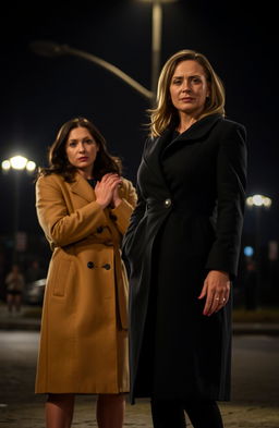 A nighttime scene with two women dressed in formal coats, set against a dark, atmospheric backdrop