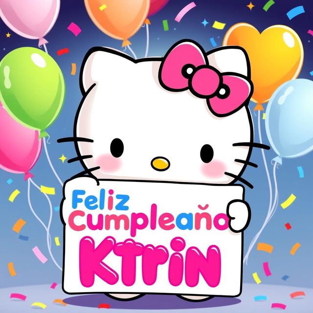 A cute illustration of Hello Kitty holding a colorful sign that says "Feliz Cumpleaños Ktrin"