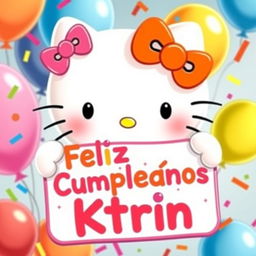 A cute illustration of Hello Kitty holding a colorful sign that says "Feliz Cumpleaños Ktrin"