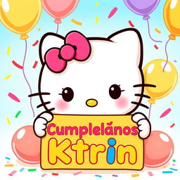 A cute illustration of Hello Kitty holding a colorful sign that says "Feliz Cumpleaños Ktrin"