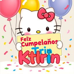 A cute illustration of Hello Kitty holding a colorful sign that says "Feliz Cumpleaños Ktrin"