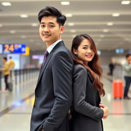 A beautiful Korean woman and a handsome young man in a suit standing back to back at the airport.