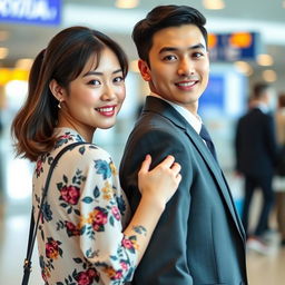 A beautiful Korean woman and a handsome young man in a suit standing back to back at the airport.