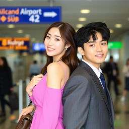 A beautiful Korean woman and a handsome young man in a suit standing back to back at the airport.