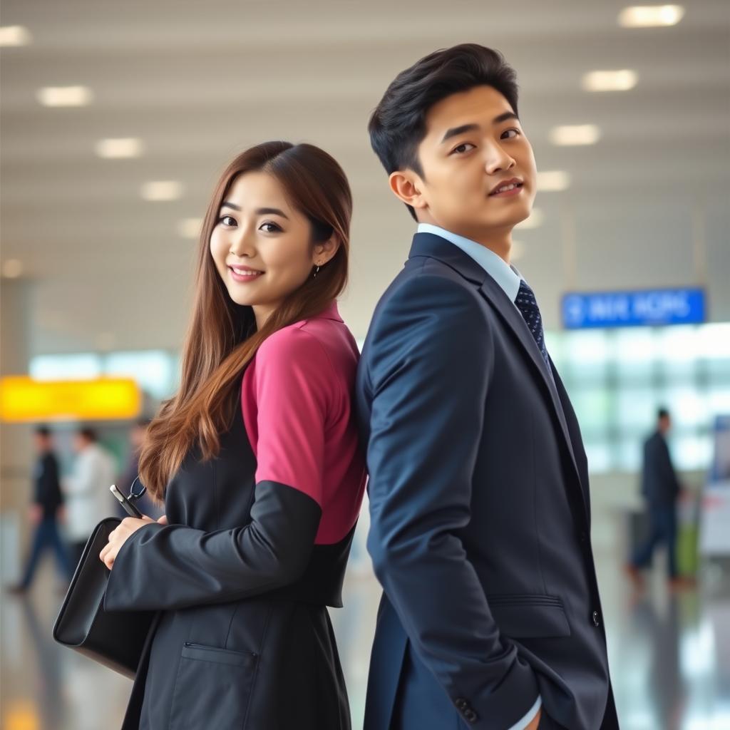A beautiful Korean woman and a handsome young man in a suit standing back to back at the airport.