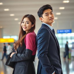 A beautiful Korean woman and a handsome young man in a suit standing back to back at the airport.