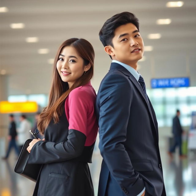 A beautiful Korean woman and a handsome young man in a suit standing back to back at the airport.