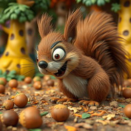 A claymation-style depiction of an extremely rabid squirrel, its fur bristling wildly