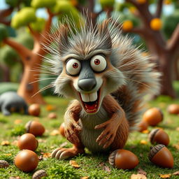 A claymation-style depiction of an extremely rabid squirrel, its fur bristling wildly