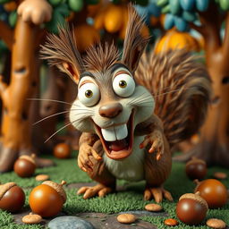 A claymation-style depiction of an extremely rabid squirrel, its fur bristling wildly