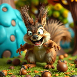 A claymation-style depiction of an extremely rabid squirrel, its fur bristling wildly