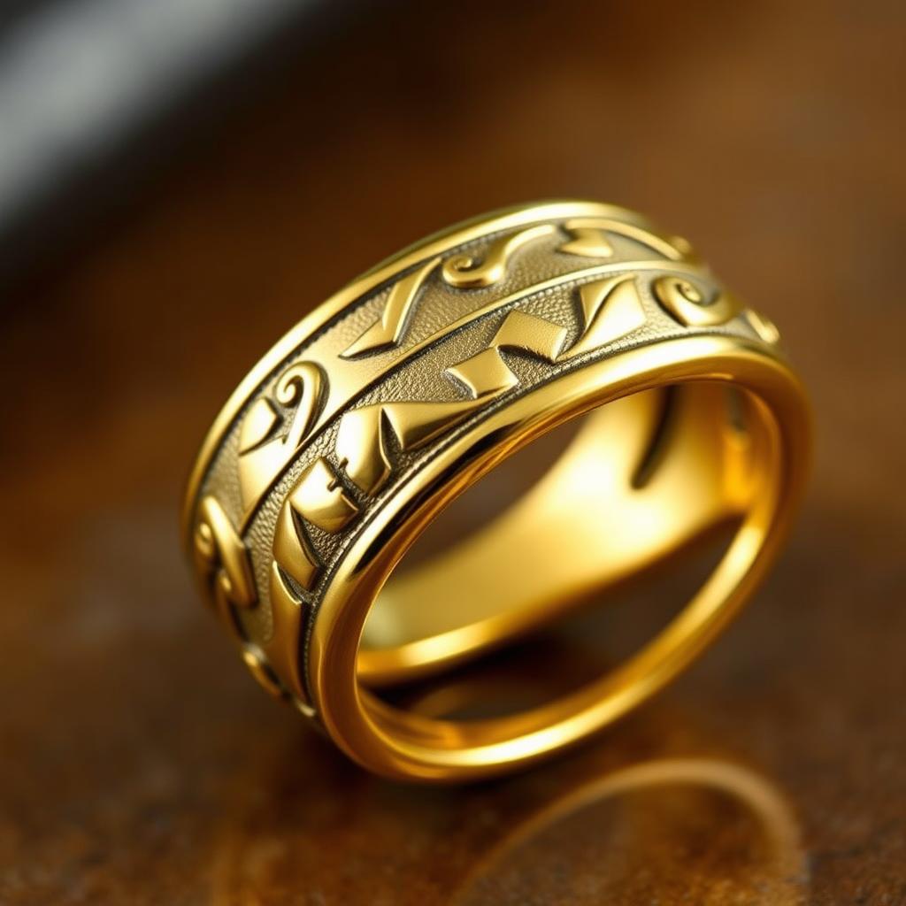 A golden ring intricately crafted with metal from swords, showcasing an exquisite blend of elegance and warrior strength