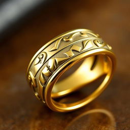 A golden ring intricately crafted with metal from swords, showcasing an exquisite blend of elegance and warrior strength