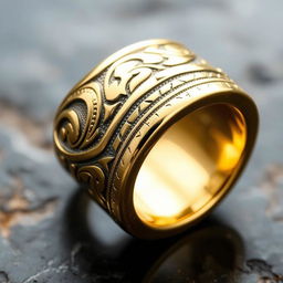 A golden ring intricately crafted with metal from swords, showcasing an exquisite blend of elegance and warrior strength