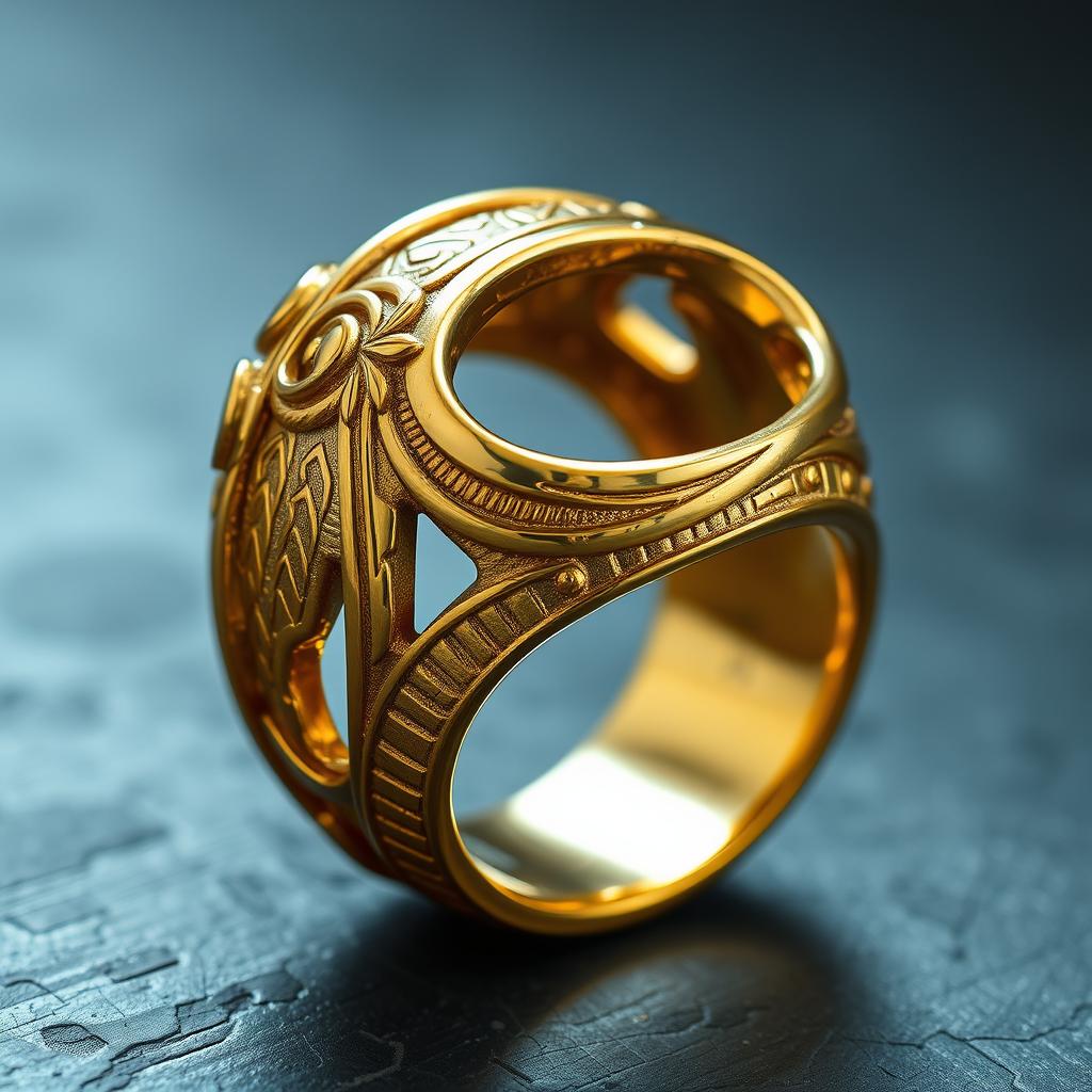 A golden ring intricately crafted with metal from swords, showcasing an exquisite blend of elegance and warrior strength