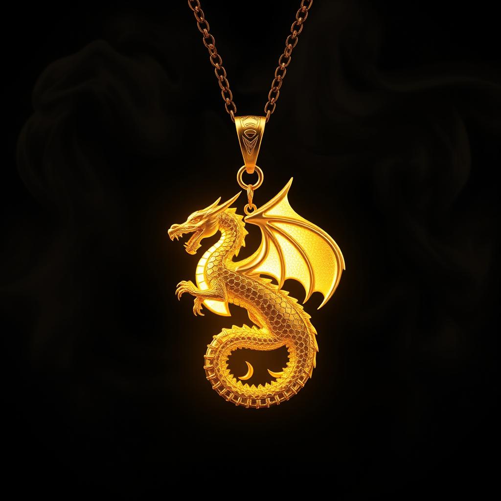 A stunning gold necklace with a magnificent dragon pendant that emits a magical golden glow