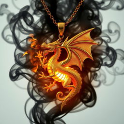 A stunning gold necklace with a magnificent dragon pendant that emits a magical golden glow