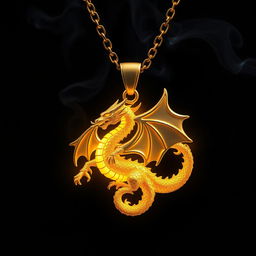 A stunning gold necklace with a magnificent dragon pendant that emits a magical golden glow