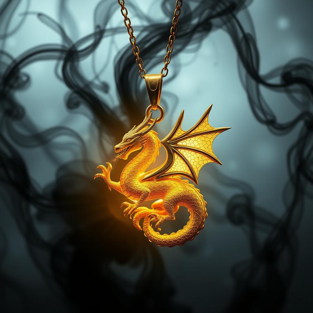 A stunning gold necklace with a magnificent dragon pendant that emits a magical golden glow