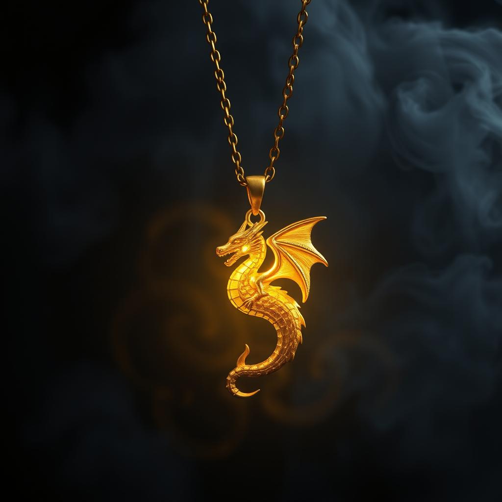 A radiant golden necklace featuring a meticulously detailed dragon pendant that is magically glowing