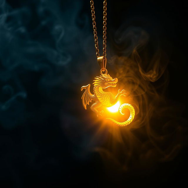 A radiant golden necklace featuring a meticulously detailed dragon pendant that is magically glowing