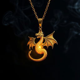 A radiant golden necklace featuring a meticulously detailed dragon pendant that is magically glowing