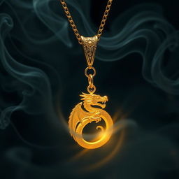 A radiant golden necklace featuring a meticulously detailed dragon pendant that is magically glowing