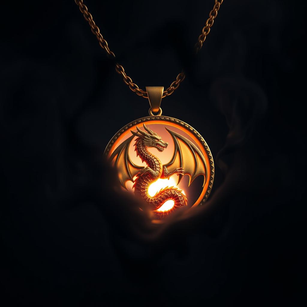 A golden necklace featuring a round pendant with a dragon intricately carved onto it