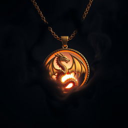 A golden necklace featuring a round pendant with a dragon intricately carved onto it