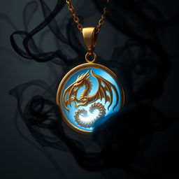 A golden necklace featuring a round pendant with a dragon intricately carved onto it