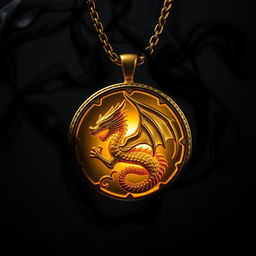 A golden necklace featuring a round pendant with a dragon intricately carved onto it