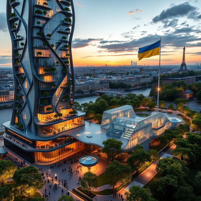 An innovative bionic-shaped skyscraper with smooth, flowing lines and zigzags located in Paris