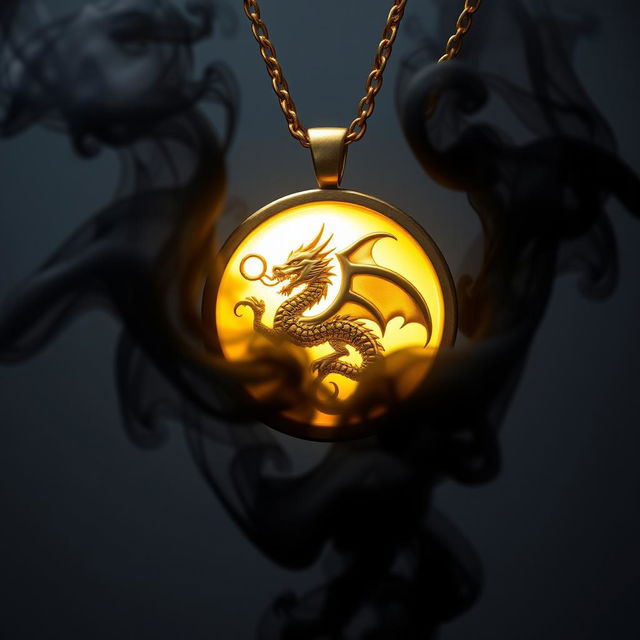 A golden necklace featuring a round pendant with a dragon intricately carved onto it