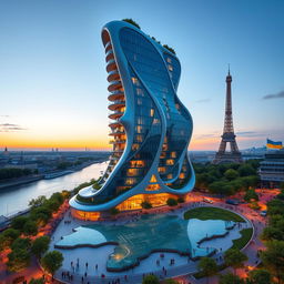 An innovative bionic-shaped skyscraper with smooth, flowing lines and zigzags located in Paris