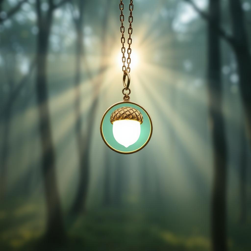 A golden necklace with a round pendant featuring an acorn design, glowing white and light green, floating in mid-air