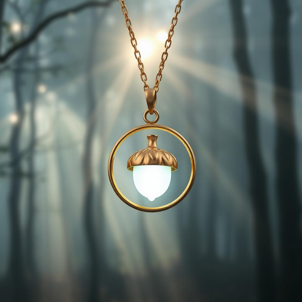 A golden necklace with a round pendant featuring an acorn design, glowing white and light green, floating in mid-air