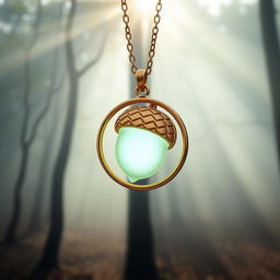 A golden necklace with a round pendant featuring an acorn design, glowing white and light green, floating in mid-air