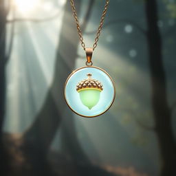 A golden necklace with a round pendant featuring an acorn design, glowing white and light green, floating in mid-air