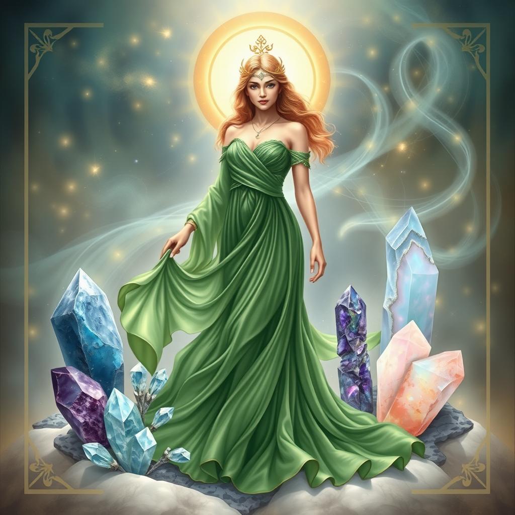 A divine depiction of the Goddess of the Page of Cups, adorned in an elegant green dress that flows with grace