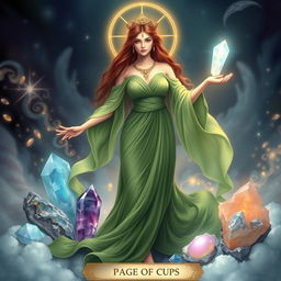 A divine depiction of the Goddess of the Page of Cups, adorned in an elegant green dress that flows with grace