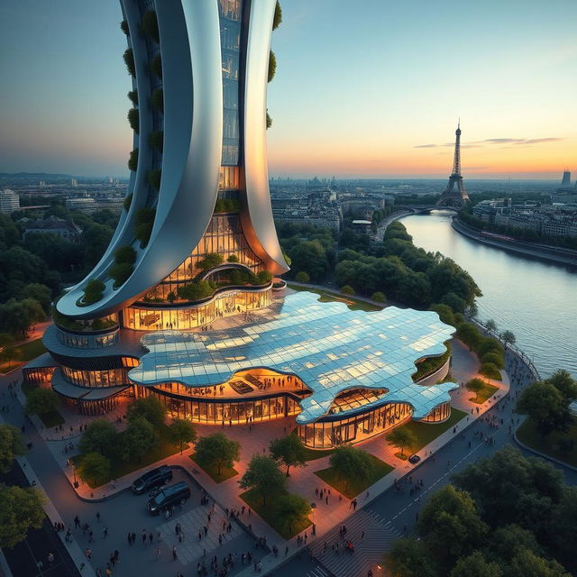 A bionic-shaped skyscraper with smooth, flowing lines and zigzags, situated in Paris