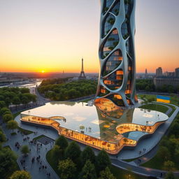 A bionic-shaped skyscraper with smooth, flowing lines and zigzags, situated in Paris